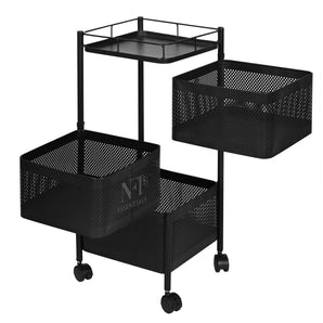 NFI essentials Multi-Purpose Kitchen Trolley with Wheels, 3 Layer Metal Storage Organizer Rack, Rolling Corner Square Design Rack for Fruits, Vegetables, Space-Saving Corner Shelf Unit