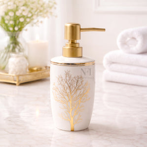 NFI essentials Ceramic Liquid Soap Dispenser with Gold Color Pump, Leak-Proof Design, Lotion Dispenser for Bathroom, Kitchen & Wash Basin, Handwash Bottle (White)