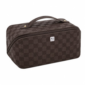 NFI essentials Cosmetic Travel Organizer Bag, Women's Makeup Pouch Toiletry Bag Portable Leather Wide Opening Cosmetics Bag with Handle and Divider