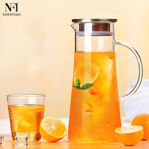 NFI essentials Water Pitcher Borosilicate Glass Jug with Air Tight Steel Lid & handle for Serving Water, Juices & Cool Beverages Freezer Safe (1750ml)