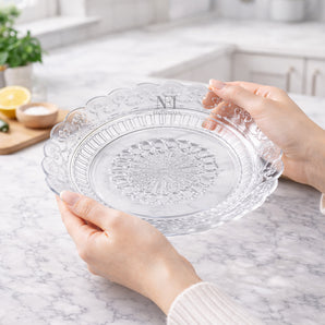 NFI essentials Glass Plate For Dining Table Clear Embossed Design for Dry Fruits, Snacks, Sweets, and Chocolates Decorative Glass Plate for Home Decor