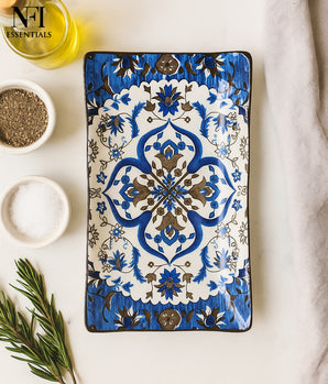 NFI essentials Ceramic Serving Platter with Blue Mandala Design for Snacks, Appetizers, Salads, and Noodles | Safe for the Microwave and Dishwasher (8 inch)