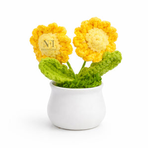 NFI essentials Crochet Twin Sunflower with Pot, Artificial Flowers, for Office Desk Car Dashboard Decor,Home Decoration, Office