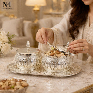 NFI essentials Premium Silver Finish Sugar Pot & Dry Fruit Serving Set with Tray, Elegant Tabletop Condiment Jar Set, for Sugar, Dry Fruits, Mouth Freshener, Masala & Dining Table Serving