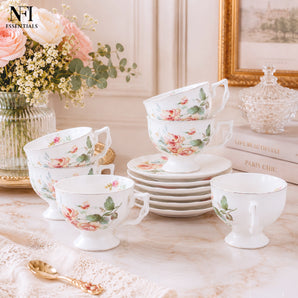 NFI essentials Ceramic Tea Cup and Saucer Set, Premium Vintage Style Floral Printed Coffee & Tea Cup with Handle, Ideal for Home, Office & Gifting 200ML