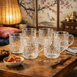 NFI essentials Set of 6 Tea Cups (240ml) with Handle Clear Glass Transparent, Microwave & Dishwasher Safe, Perfect for Chai, Green Tea, Coffee, Tea & Hot/Cold Beverages