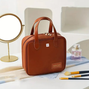 NFI essentials Portable Makeup Bag for Women with Compartments Large Capacity Handheld Travel Toiletry Cosmetic Bag with Handle Large Opening Makeup Pouch