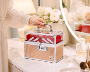 NFI essentials Makeup Organizer Box for Women, Bridal Makeup Case for Jewellery,Cosmetics & Bridal Essentials, with Lock and Multi-Layer Storage Trays Portable Vanity Box