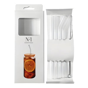 NFI essentials Set of 4 Glass Straws With Cleaning Brush Clear Reusable BPA-Free Drinking Straws for Smoothies, Juices, and Cold Beverages Ideal for Home, Office, Travel Stylish and Transparent Twist