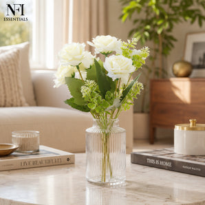 NFI essentials Artificial Red Rose Flower Bunch for Home Decoration, Rose Bouquet with Green Leaves, Faux Flowers for Vase Arrangement, Living Room,Office, Wedding, Anniversary