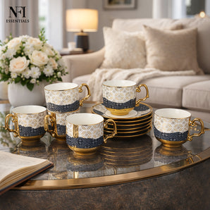 NFI Essentials Ceramic Cup & Saucer Set of 6 Pcs, Tea/Coffee Cup , Microwave & Dishwasher Safe, Premium Mug Perfect for Daily Use, Office, Gifting Elegant Golden Color Design .