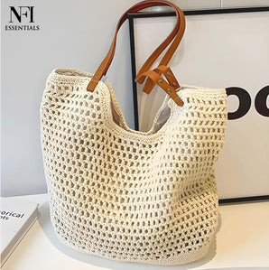 NFI essentials Ethnic Knitted Straw Wicker Bags for Women & Girls Braided Woven Design Handmade Crafted Handbags Summer Beach Traditional Hobo Bag Tote Best Gift for Ladies.