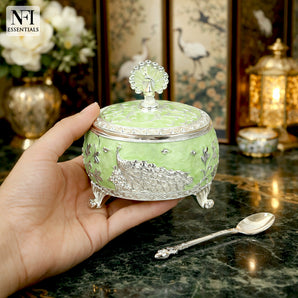 NFI essentials Premium Peacock Design Decorative Sugar Pot with Lid & Spoon, Dry Fruit & Mouth Freshener Container, Serving Jar for Saunf, Sugar, Candy & Spices Decorative Kitchen Tableware (Green)