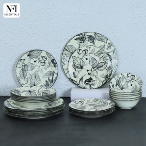 NFI essentials 24 pcs Ceramic Dinner Set for Dining with Leaf Pattern Microwave and Dishwasher Safe Crockery Set Quality Porcelain  6 Dinner Plates, 6 Quarter Plate, 6 Salad Plate & 6 Set Of Bowls