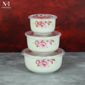 NFI essentials 3 Pcs Ribbed Ceramic Bowl Set with Airtight Lids Ideal for Food Storage, Serving, and Meal Prep Microwave Safe, Freezer Safe, Dishwasher Safe (Large- 800ml,Meduim- 500ml & Small- 280ml) - AYAHA ENTERPRISES PRIVATE LIMITED
