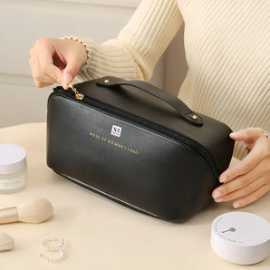 NFI essentials Cosmetic Travel Organizer Bag, Women's Makeup Pouch Toiletry Bag Portable Leather Wide Opening Cosmetics Bag with Handle and Divider - AYAHA ENTERPRISES PRIVATE LIMITED