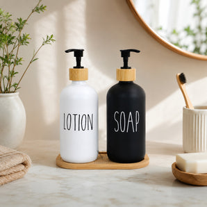 NFI essentials Ceramic Hands & Dishes Liquid Soap Dispenser Set of 2 with Bamboo Tray, Refillable Liquid Body Lotion & Hand Soap Bottles