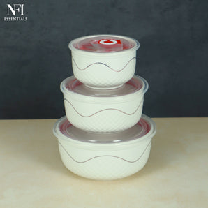 NFI essentials 3 Pcs Ribbed Ceramic Bowl Set with Airtight Lids Ideal for Food Storage, Serving, and Meal Prep Microwave Safe, Freezer Safe, Dishwasher Safe (Large- 800ml,Meduim- 500ml & Small- 280ml)