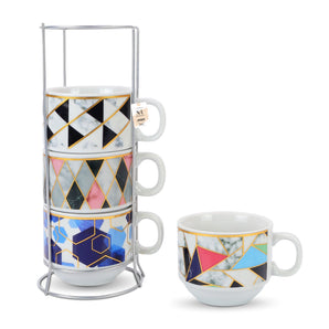 NFI essentials Set of 4 Ceramic Tea Cups With Stand Safe for the Microwave and Dishwasher Stackable Tea Cup  Printed Coffee Mugs for Gifting with Holder 150 ML - AYAHA ENTERPRISES PRIVATE LIMITED