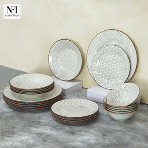 NFI essentials 24 pcs Ceramic Dinner Set for Dining Interlocking Pattern Microwave and Dishwasher Safe Crockery Set Quality Porcelain 6 Dinner Plates, 6 Quarter Plate, 6 Salad Plate & 6 Set Of Bowls