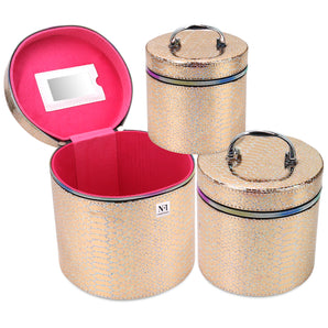NFI essentials Round Shape Set of 3piece Makeup Box Cosmetic Box Jewellery Box Vanity Box Organizer with Magnifying Compact Makeup Mirror