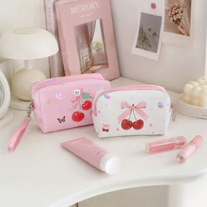 NFI essentials Pack of 2 Cherry Print Makeup Pouch for Women & Girls, Multipurpose Cosmetic Organizer Bag with Wrist Strap & Zipper Closure, Portable Toiletry Travel Pouch for Makeup, Skincare