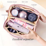 NFI essentials Cosmetic Travel Organizer Bag, Women's Makeup Pouch Toiletry Bag Portable Leather Wide Opening Cosmetics Bag with Handle and Divider - AYAHA ENTERPRISES PRIVATE LIMITED