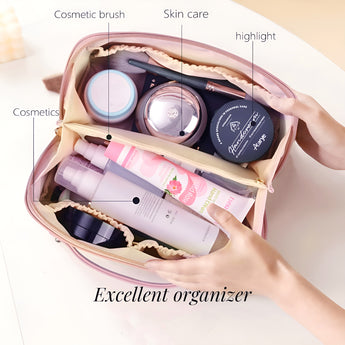 NFI essentials Cosmetic Travel Organizer Bag, Women's Makeup Pouch Toiletry Bag Portable Leather Wide Opening Cosmetics Bag with Handle and Divider - AYAHA ENTERPRISES PRIVATE LIMITED