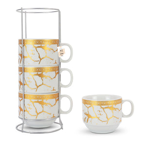 NFI essentials Set of 4 Ceramic Tea Cups With Stand Safe for the Microwave and Dishwasher Stackable Tea Cup  Printed Coffee Mugs for Gifting with Holder 150 ML - AYAHA ENTERPRISES PRIVATE LIMITED