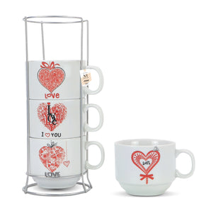 NFI essentials Set of 4 Ceramic Tea Cups With Stand Safe for the Microwave and Dishwasher Stackable Tea Cup  Printed Coffee Mugs for Gifting with Holder 150 ML - AYAHA ENTERPRISES PRIVATE LIMITED