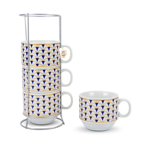 NFI essentials Set of 4 Ceramic Tea Cups With Stand Safe for the Microwave and Dishwasher Stackable Tea Cup  Printed Coffee Mugs for Gifting with Holder 150 ML