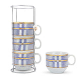 NFI essentials Set of 4 Ceramic Tea Cups With Stand Safe for the Microwave and Dishwasher Stackable Tea Cup  Printed Coffee Mugs for Gifting with Holder 150 ML - AYAHA ENTERPRISES PRIVATE LIMITED