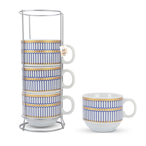 NFI essentials Set of 4 Ceramic Tea Cups With Stand Safe for the Microwave and Dishwasher Stackable Tea Cup  Printed Coffee Mugs for Gifting with Holder 150 ML - AYAHA ENTERPRISES PRIVATE LIMITED