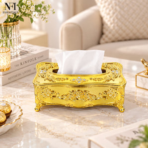 NFI essentials Tissue Holder Box, European Style Luxurious Tissue Cover for Home, Office, Bedroom, Restaurant, Vintage PlasticTissue Box Holder for Home Office Decoration, Gold Finish
