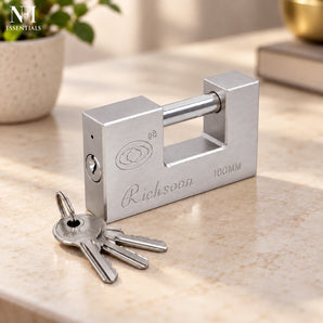 NFI essentials Bar Lock Heavy Duty 100 mm, Rectangle Shutter Padlock with 3 Keys, High Security Anti-Theft Steel Lock for Warehouse, Garage, Gates, Containers