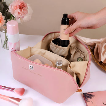 NFI essentials Cosmetic Travel Organizer Bag, Women's Makeup Pouch Toiletry Bag Portable Leather Wide Opening Cosmetics Bag with Handle and Divider - AYAHA ENTERPRISES PRIVATE LIMITED