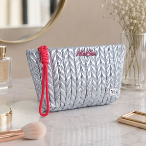 NFI essentials Premium Makeup Pouch for Women, Quilted Cosmetic Bag with Wrist Strap, Travel Toiletry Pouch for Vanity, Handbag, Multipurpose Organizer for Girls