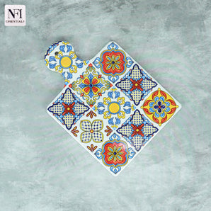 NFI essentials Ceramic Square Shape Table Trivet Coaster With Handle & Hanging loop Cork Base Perfect for Mugs, Cups, Teapots & Glasses, Premium Hot Coaster Heat-Resistant & Stylish (17*24 cm)