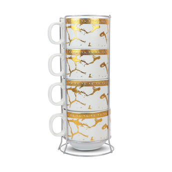 NFI essentials Set of 4 Ceramic Tea Cups With Stand Safe for the Microwave and Dishwasher Stackable Tea Cup  Printed Coffee Mugs for Gifting with Holder 150 ML - AYAHA ENTERPRISES PRIVATE LIMITED