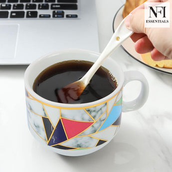 NFI essentials Set of 4 Ceramic Tea Cups With Stand Safe for the Microwave and Dishwasher Stackable Tea Cup  Printed Coffee Mugs for Gifting with Holder 150 ML - AYAHA ENTERPRISES PRIVATE LIMITED