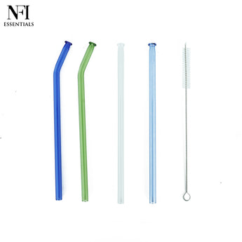 NFI essentials Set of 4 Glass Straws With Cleaning Brush Clear Reusable BPA-Free Drinking Straws for Smoothies, Juices, and Cold Beverages Ideal for Home, Office (Multicolor Pack of 4) - AYAHA ENTERPRISES PRIVATE LIMITED
