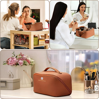 NFI essentials Cosmetic Travel Organizer Bag, Women's Makeup Pouch Toiletry Bag Portable Leather Wide Opening Cosmetics Bag with Handle and Divider - AYAHA ENTERPRISES PRIVATE LIMITED