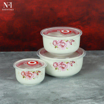 NFI essentials 3 Pcs Ribbed Ceramic Bowl Set with Airtight Lids Ideal for Food Storage, Serving, and Meal Prep Microwave Safe, Freezer Safe, Dishwasher Safe (Large- 800ml,Meduim- 500ml & Small- 280ml) - AYAHA ENTERPRISES PRIVATE LIMITED