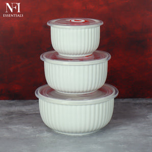 NFI essentials 3 Pcs Ribbed Ceramic Bowl Set with Airtight Lids Ideal for Food Storage, Serving, and Meal Prep Microwave Safe, Freezer Safe, Dishwasher Safe (Large- 800ml,Meduim- 500ml & Small- 280ml)