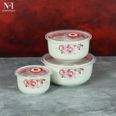 NFI essentials 3 Pcs Ribbed Ceramic Bowl Set with Airtight Lids Ideal