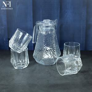 NFI essentials 5-Piece Hammered Textured Glassware Set, 1 Water Jug with handle and Lid & 4 Matching Tumblers for Serving Water, Juices & Cool Beverages Dishwasher Safe (Jug- 1150 ml & Glass- 250ml)