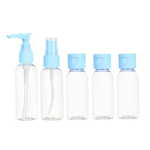NFI essentials Travel Bottles for Toiletries Pack of 5 Set, Refillable Small Leak Proof Containers for Travelling Accessories & Essentials, Toiletry Bottles with Lid for Shampoo, Body Lotion, Handwash