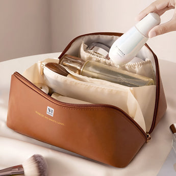 NFI essentials Cosmetic Travel Organizer Bag, Women's Makeup Pouch Toiletry Bag Portable Leather Wide Opening Cosmetics Bag with Handle and Divider - AYAHA ENTERPRISES PRIVATE LIMITED