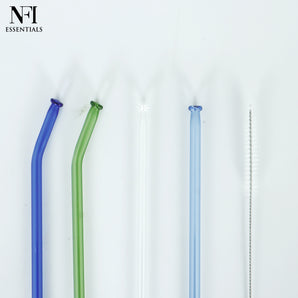NFI essentials Set of 4 Glass Straws With Cleaning Brush Clear Reusable BPA-Free Drinking Straws for Smoothies, Juices, and Cold Beverages Ideal for Home, Office (Multicolor Pack of 4)