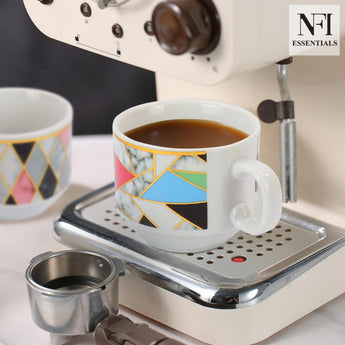 NFI essentials Set of 4 Ceramic Tea Cups With Stand Safe for the Microwave and Dishwasher Stackable Tea Cup  Printed Coffee Mugs for Gifting with Holder 150 ML - AYAHA ENTERPRISES PRIVATE LIMITED